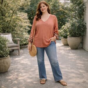 Fig and Flower Boho Peasant Blouse Gauzy Semi Sheer Embroidered V-Neck Top Sz: L